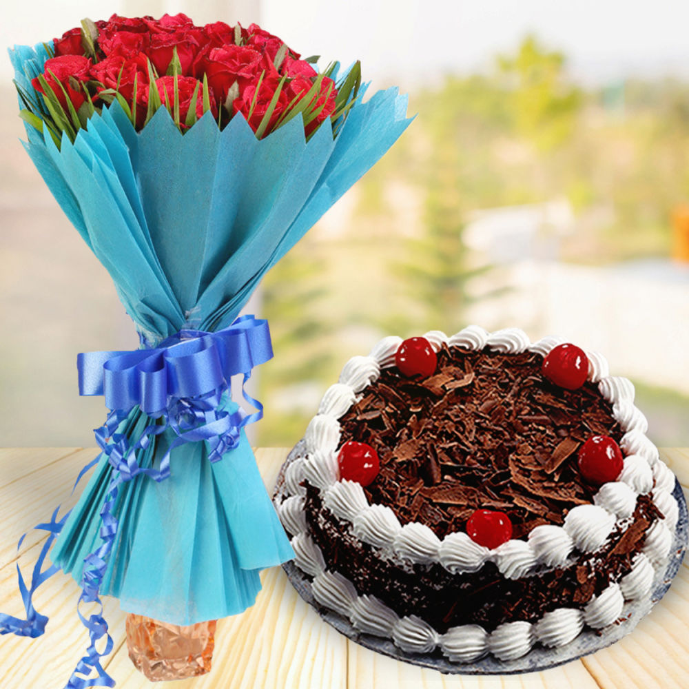 Fifty Red Roses Bouquet and Anniversary Cake with Chocolates @ Best Price |  Giftacrossindia