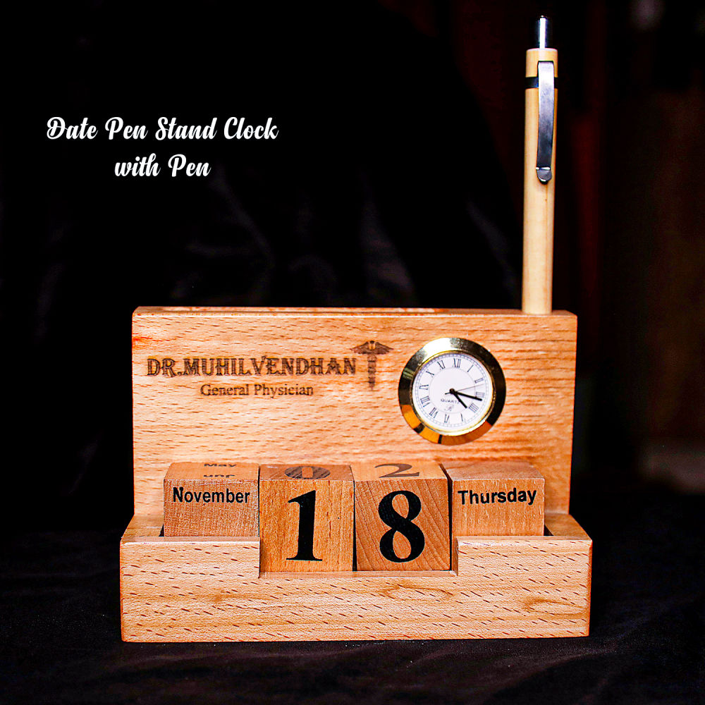 Personalised Wooden Pen Stand With Clock & Calendar Winni