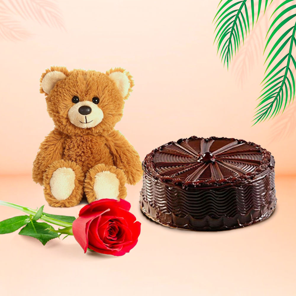Send Online 500gms Black Forest Cake Teddy Bear Chocolate Red Roses Bouquet  Greeting Card Order Delivery | flowercakengifts