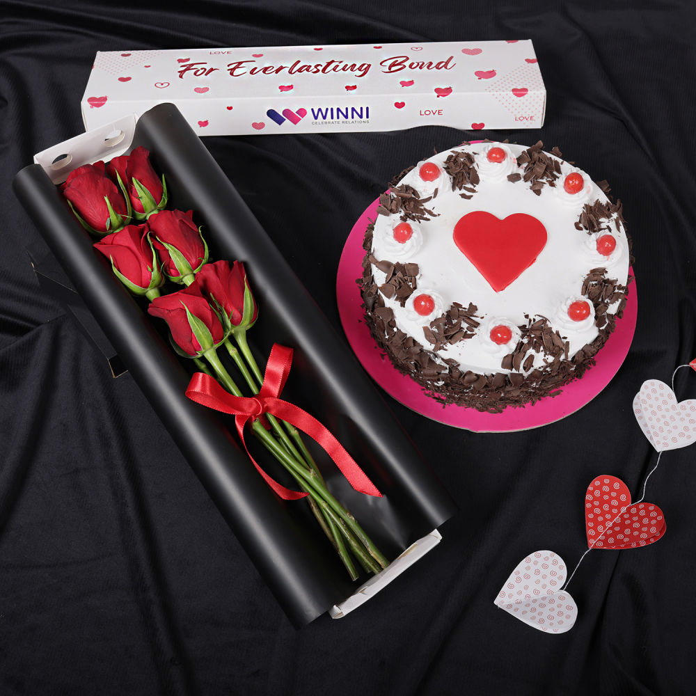 Blackforest Cake With Red Rose Box Winni