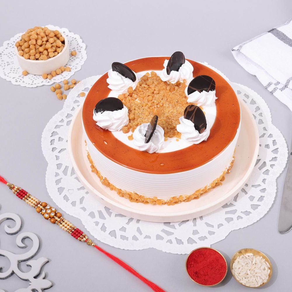 89066 butterscotch cake with beads rakhi