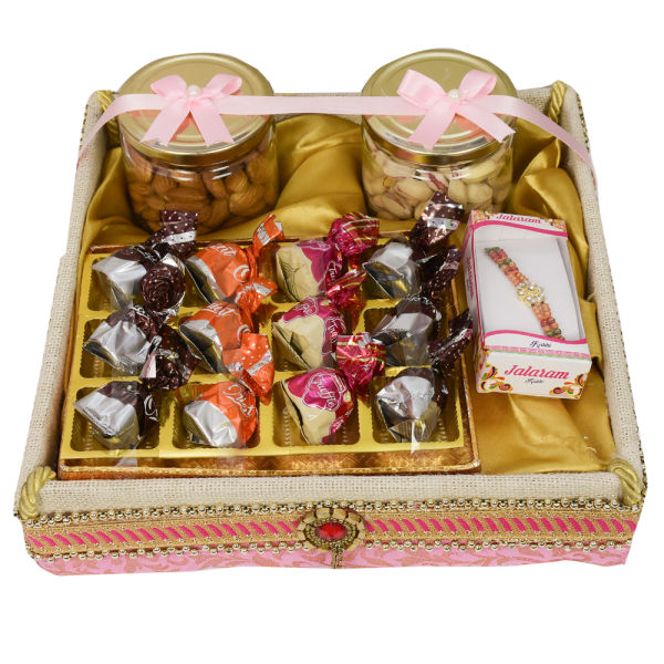 ZOROY Luxury Chocolate Rakhi Hamper for Brother Sister  Jute Box Rakhi set  with dry fruits