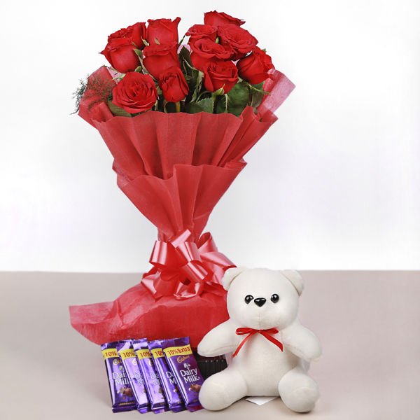 Buy Red Roses with Teddy and Chocolate