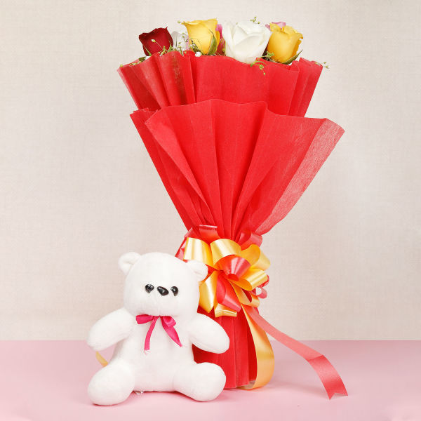 Buy 10 Mixed Roses And Small White Teddy Bear