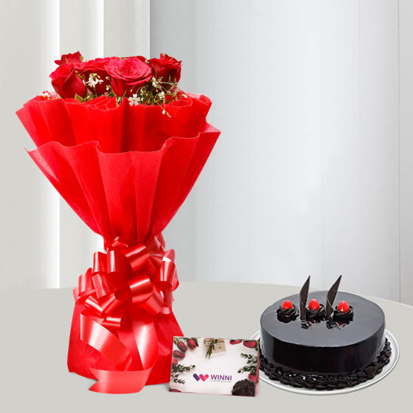 Buy Red Roses and Chocolate  Cake