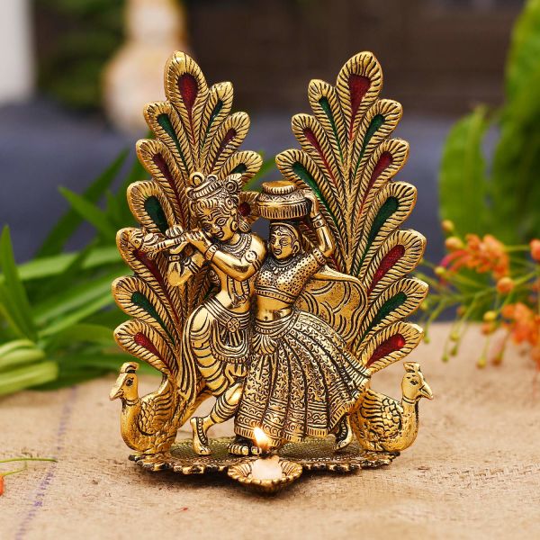 Buy Gold Plated Peacock Design Radha Krishan Idol Statue with Diya