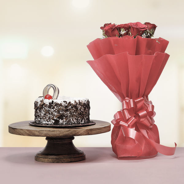 Buy Black Forest Cake with Red Roses