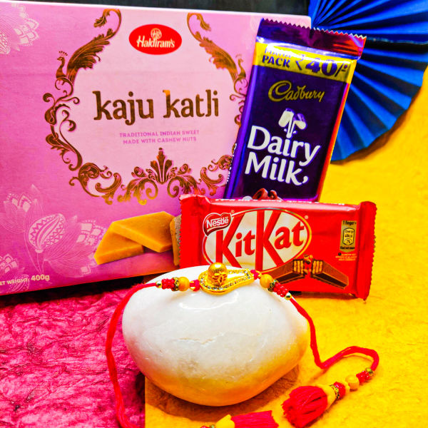 Buy Kaju Katli Hamper With Elegant Rakhi N Chocos
