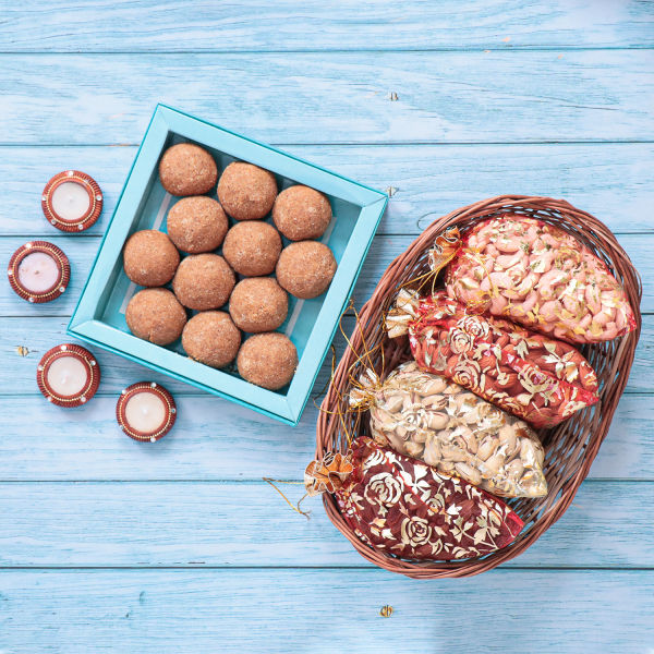 Buy Exotic Dry Fruits Basket with Besan Ladoo
