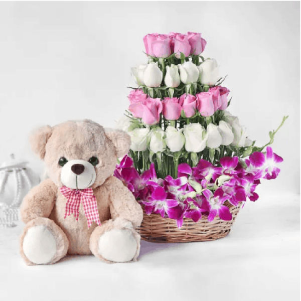 Buy Blooming Basket With Teddy Bear