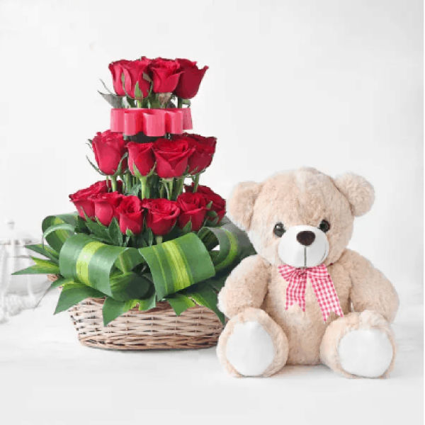Buy Roses In Basket With Teddy