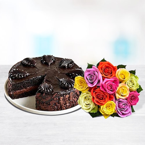 Buy Chocolate Cake with Assorted Roses