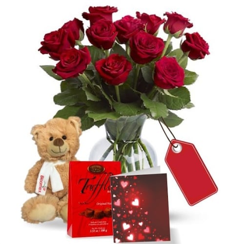 Buy 12 Red Roses Chocolates and Bear