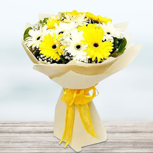 Buy Mix Gerbera Flowers Bouquet In White Wrapping