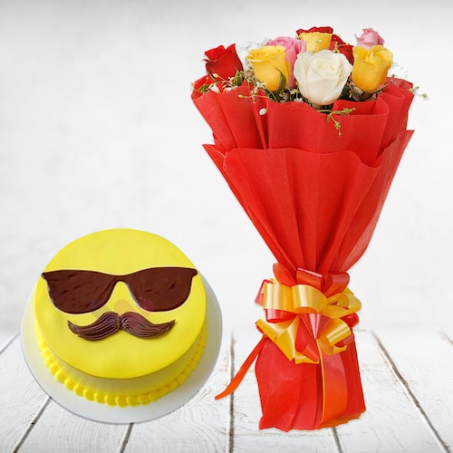 Buy Mix Roses Bouquet With Pineapple Cool Dad Cake