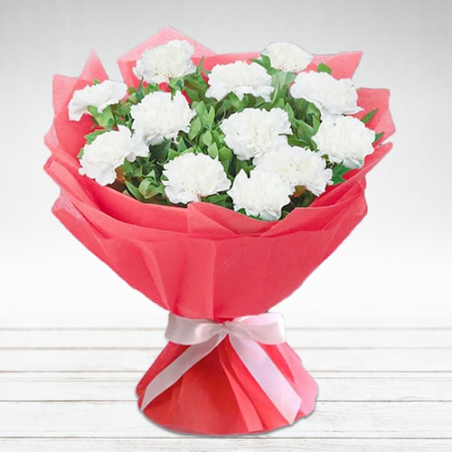 Buy Lovely White Carnation In Red Wrapping