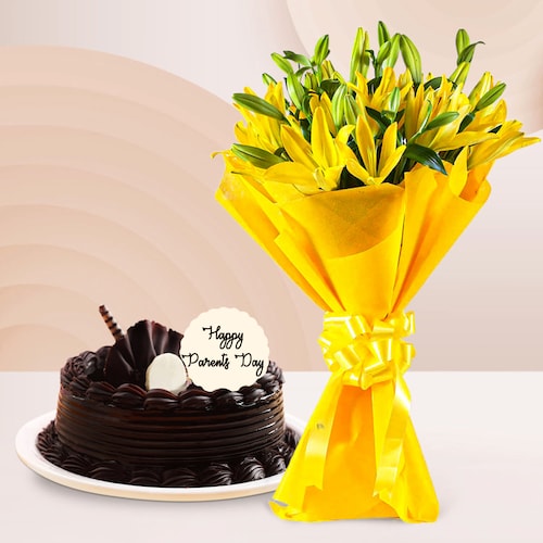Buy Majestic Lilies With Chocolate Truffle Cake
