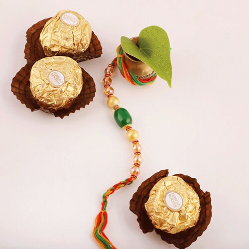Buy Green N Gold Beads Rakhi With Ferrero Rocher