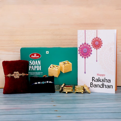 Buy Greeting Card Rakhi Hamper With 500 Gm Soan Papdi