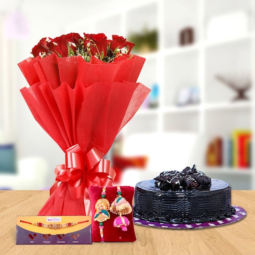 Buy Choco Cake N Rose Bouquet With Trio Rakhis