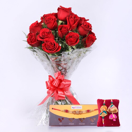 Buy Red Roses Bouquet With Trio Rakhis