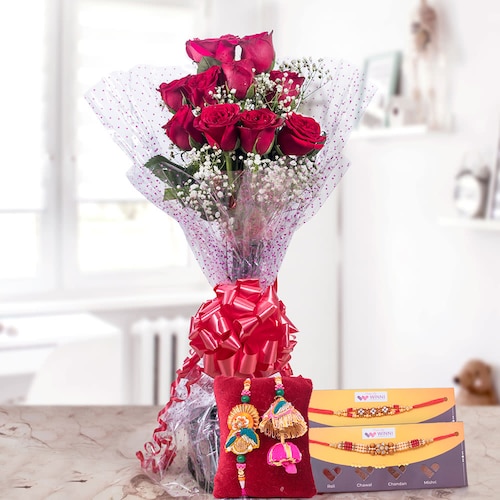 Buy Alluring Red Roses Bouquet With Rakhis Set