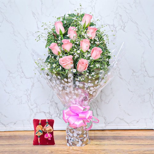 Buy Pinkish Roses Bouquet With Bhaiya Bhabhi Rakhi