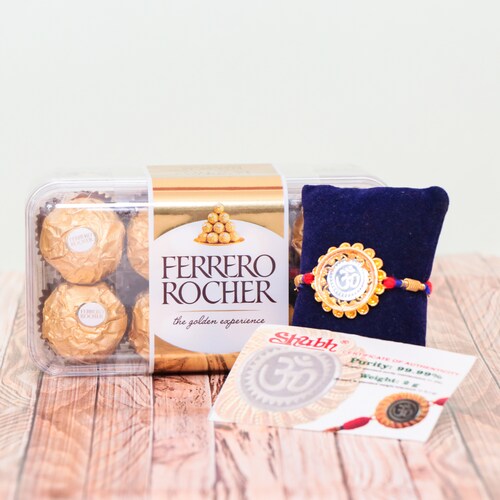 Buy Glorious Silver Om Rakhi With Ferrero Rocher