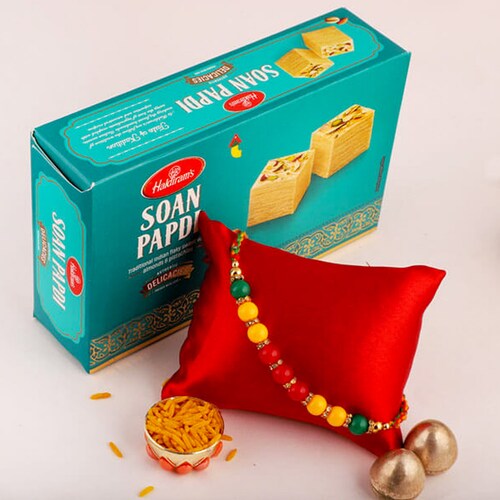 Buy Multi Color Beaded Rakhi N Soan Papdi Box
