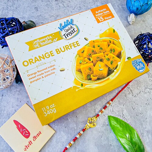 Buy Shiny Golden Rakhi With Orange Burfee