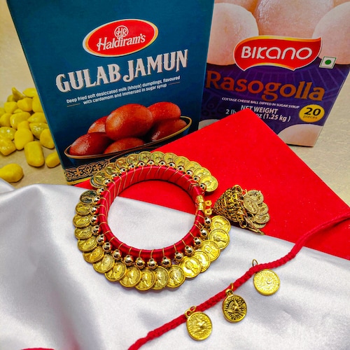 Buy Golden Coin Bhaiya Bhabhi Rakhi With Sweets Combo