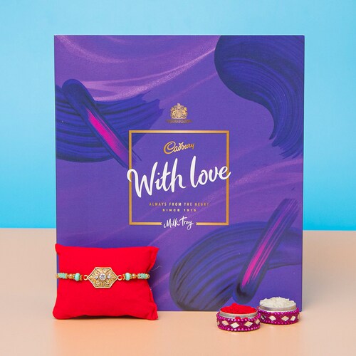 Buy Diamond on Metal Designer Rakhi with Cadbury Milk Tray Chocolate