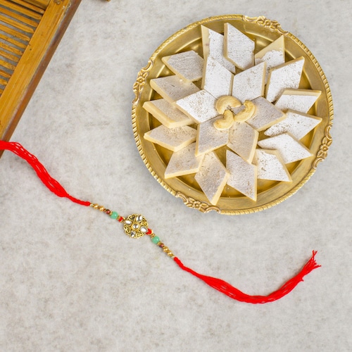 Buy Kundan Diamond Beads Rakhi with Kaju Katli