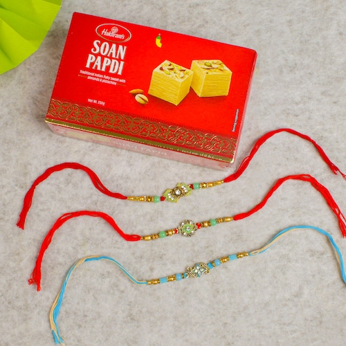 Buy Premium Rakhi Set With Soan Papdi Sweet