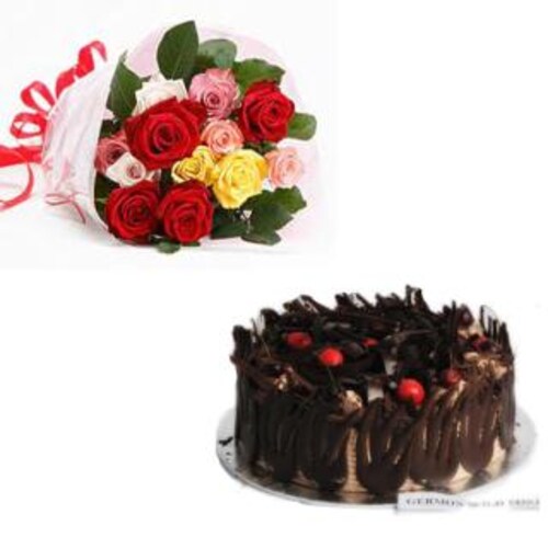 Buy Mixed Roses With German Wild Forest Eggless Cake