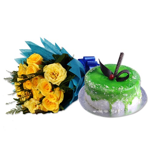 Buy Yellow Roses N Kiwi Eggless Cake
