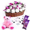 Buy Basket of Orchids and Carnations with Chocolates and Teddy Bear