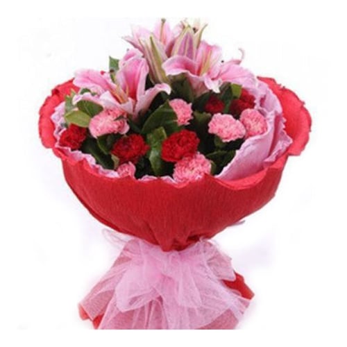 Buy Red and Pink Carnations with Pink Lilies in Red Packing