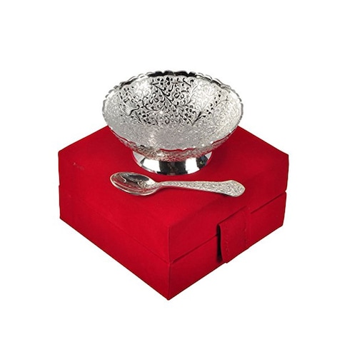 Buy Silver Plated Brass Bowl Floral Print