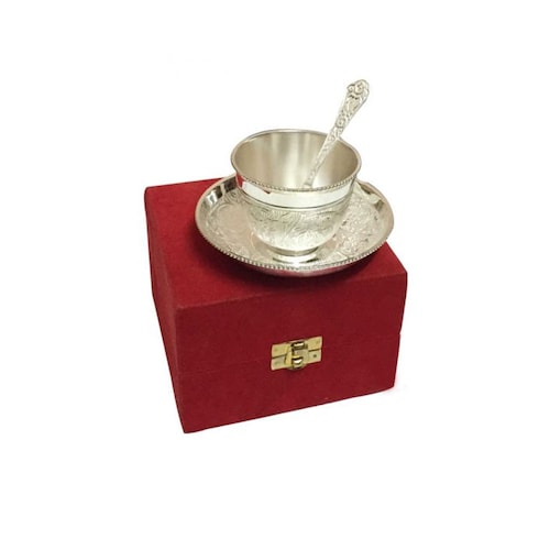 Buy Silver Plated Brass Cup & Saucer Set with Spoon