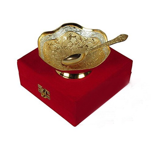 Buy Lovely Silver & Gold Plated Brass Bowl with Spoon