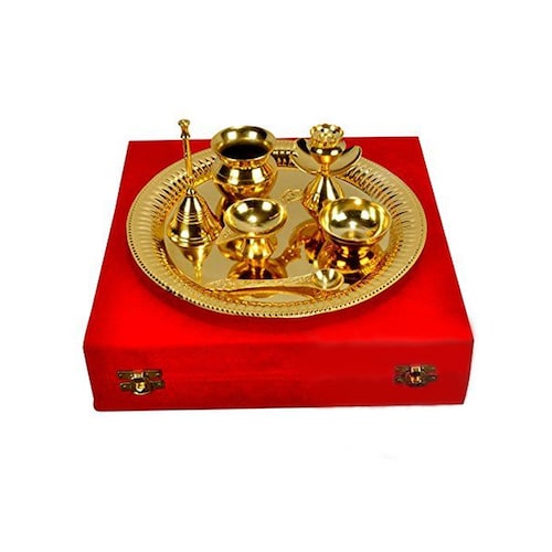 Buy Gold Plated Steel Pooja Thali with Brass Bell