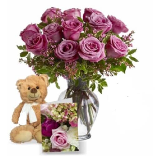 Buy Lavender Roses With Teddy And Card