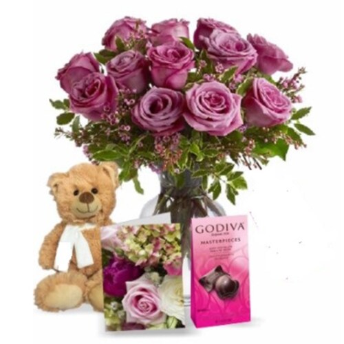 Buy Lavender Roses With Teddy And Chocolate