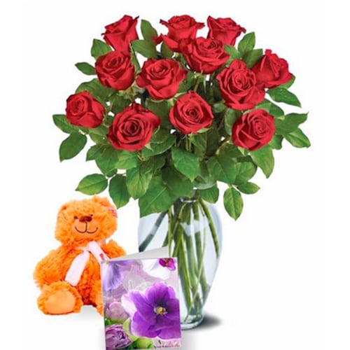 Buy Dozen Roses n Teddy Bear