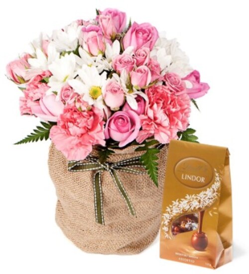 Buy Pink Flowers with Chocolate