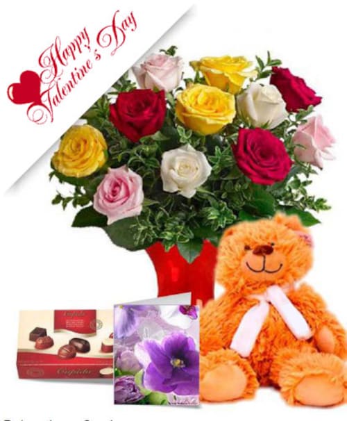 Buy Assorted Roses with Teddy n Chocolate