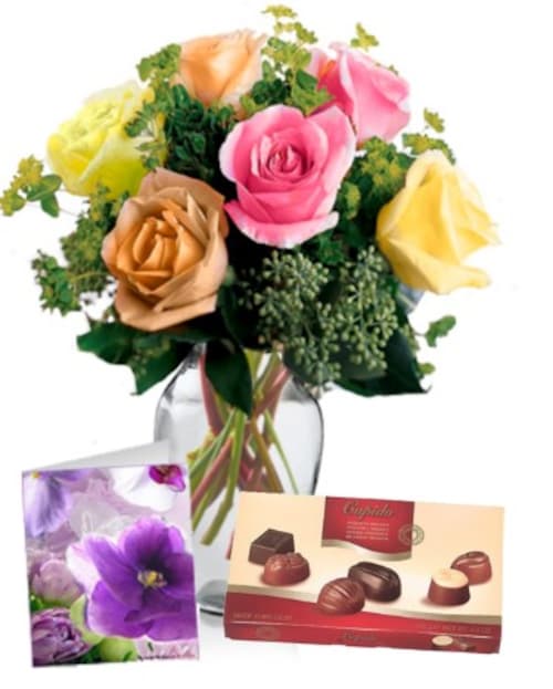 Buy 6 Mixed Roses with Chocolate n Card