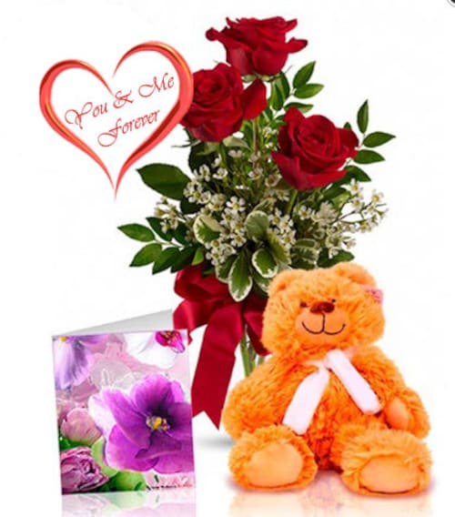Buy Three Red Roses With Teddy