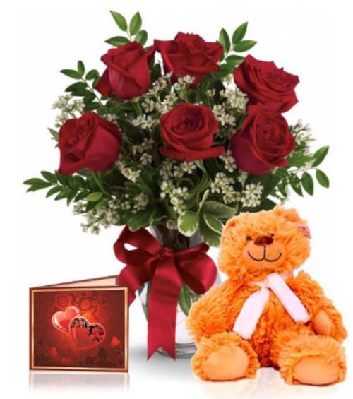 Buy Half Dozen Roses With Teddy